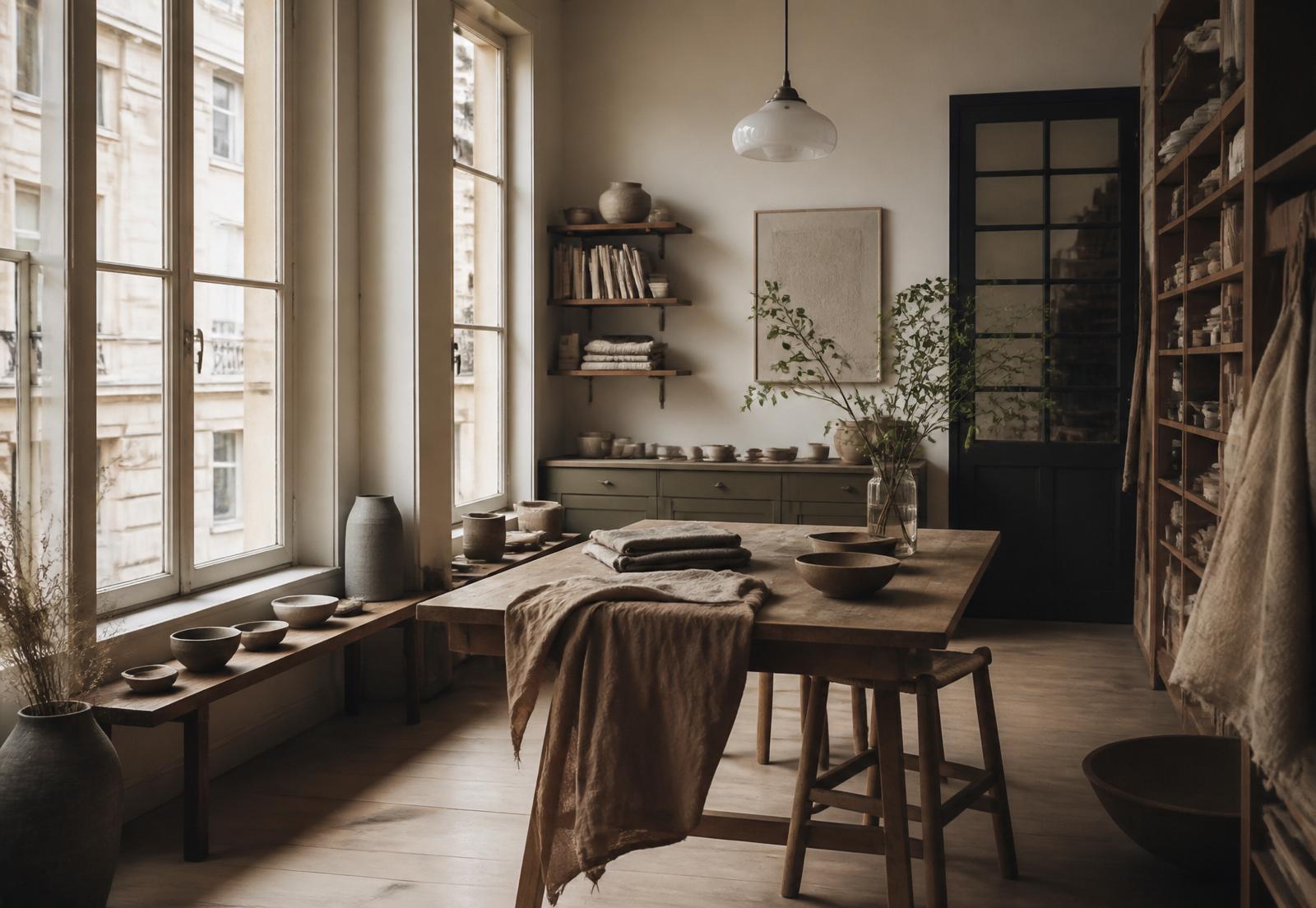 A calm independent atelier with tall windows, wooden furniture, and a considered, unhurried atmosphere.