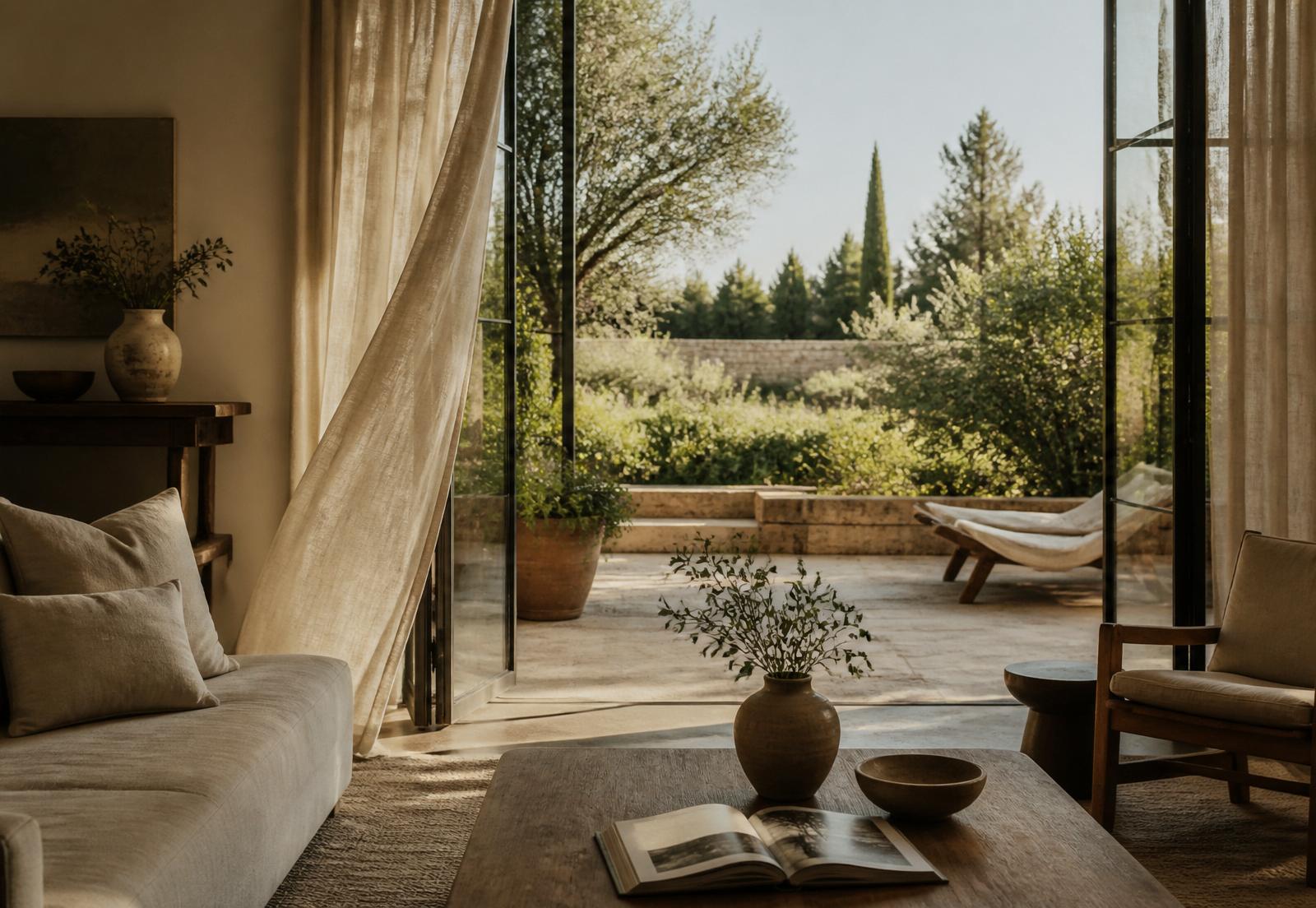 A calm living room opening onto a stone terrace and garden, connectivity reaching effortlessly from inside to out.