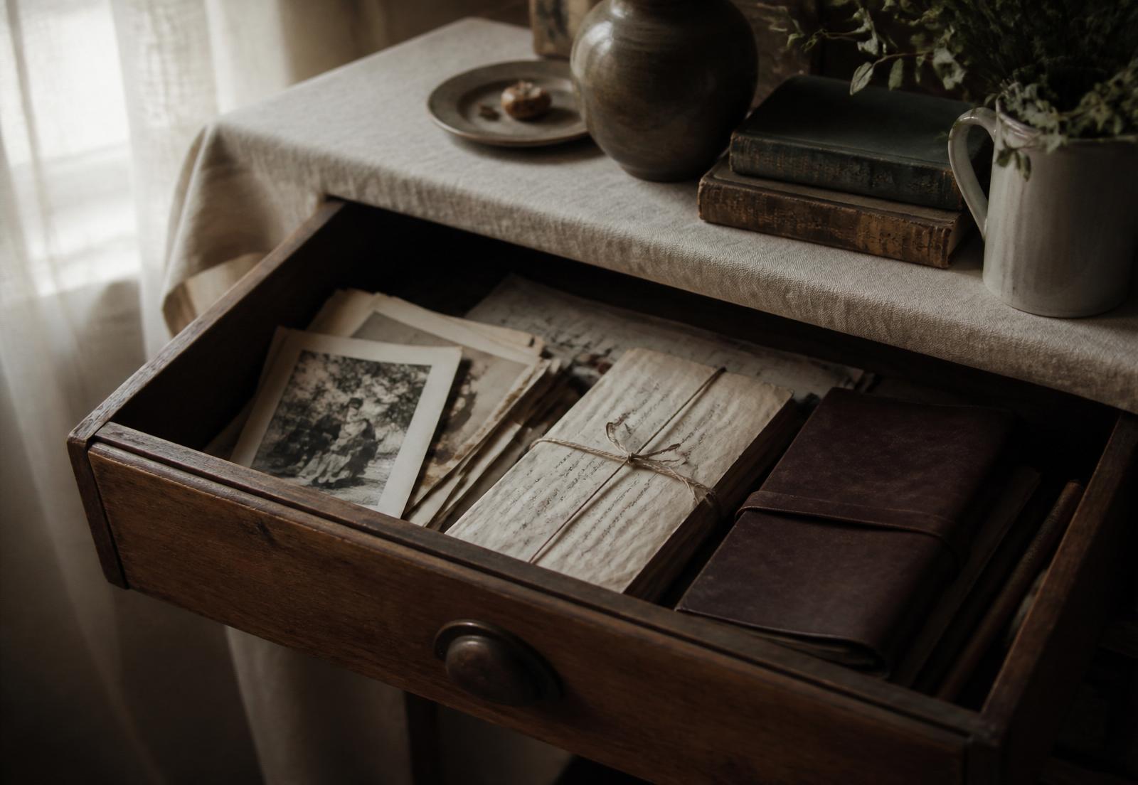 An open wooden drawer of carefully kept letters, photographs and a leather journal beside soft window light.