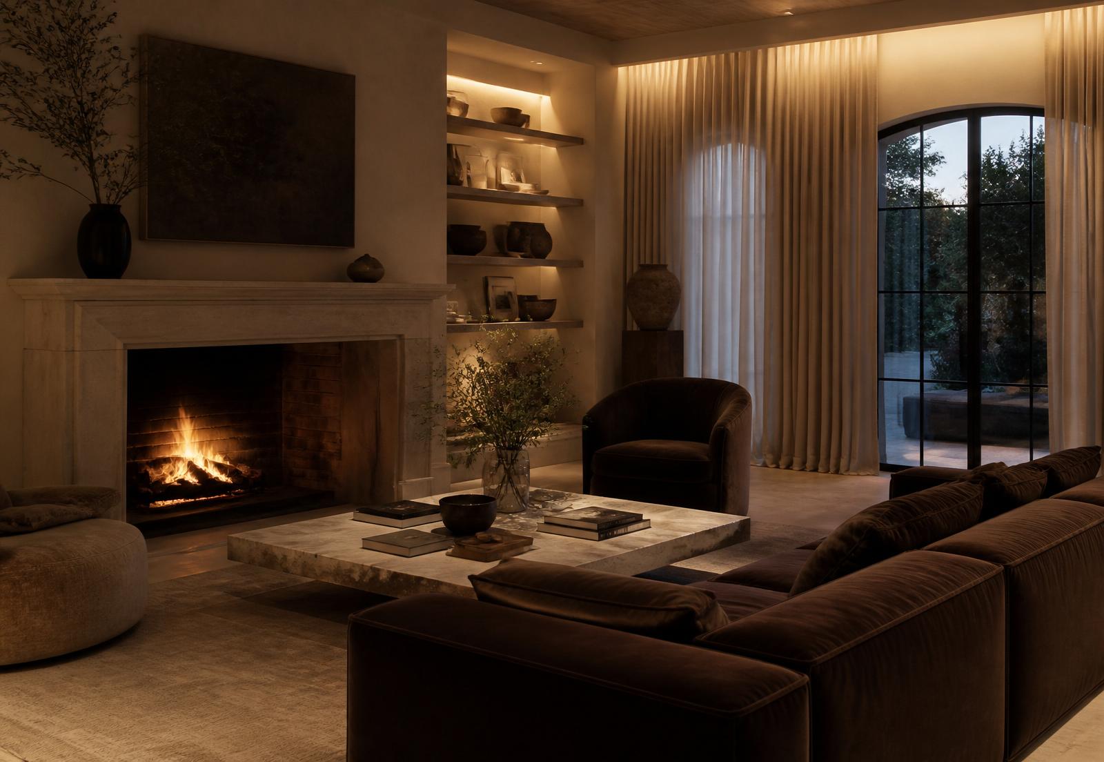 An elegant living room at dusk, softly lit from concealed sources, everything integrated and unobtrusive.
