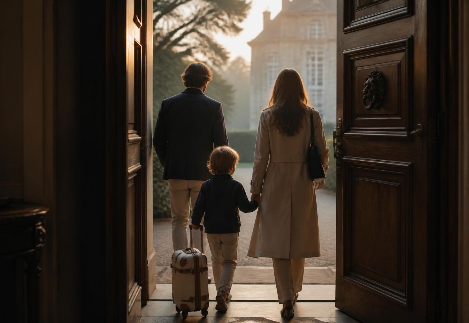 A family stepping out of the front door of their home in soft morning light.
