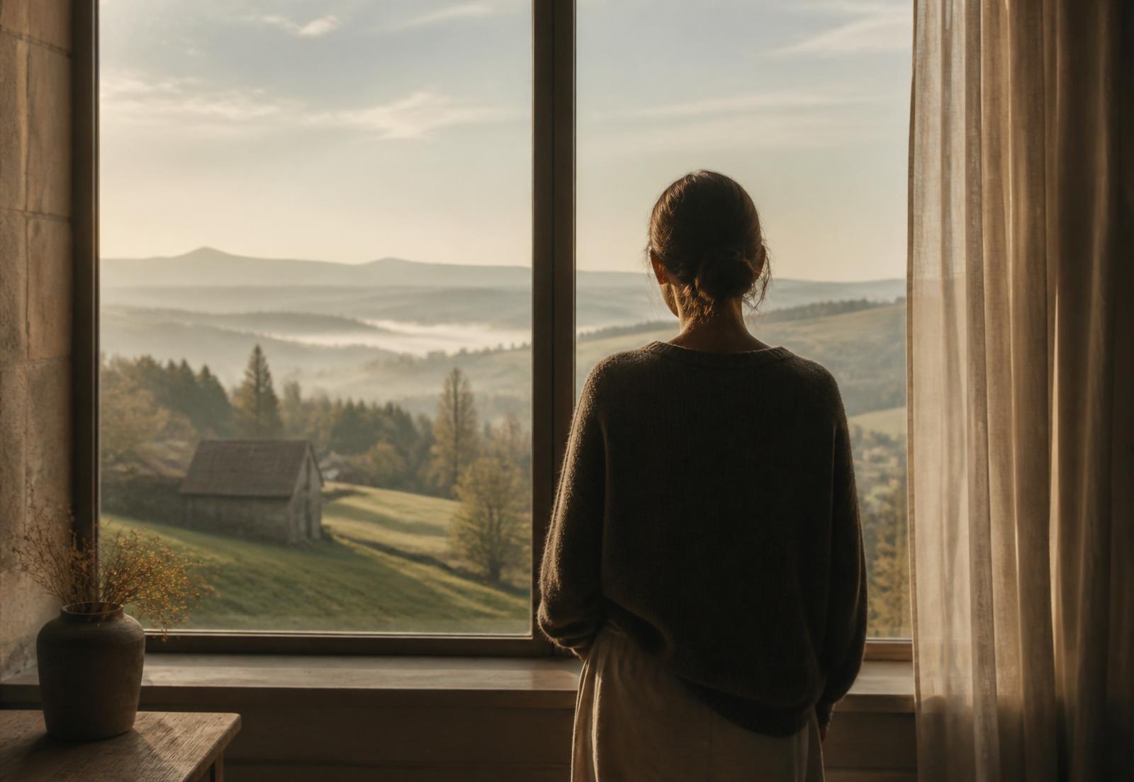 A person at a window looking out onto quiet countryside at dawn.