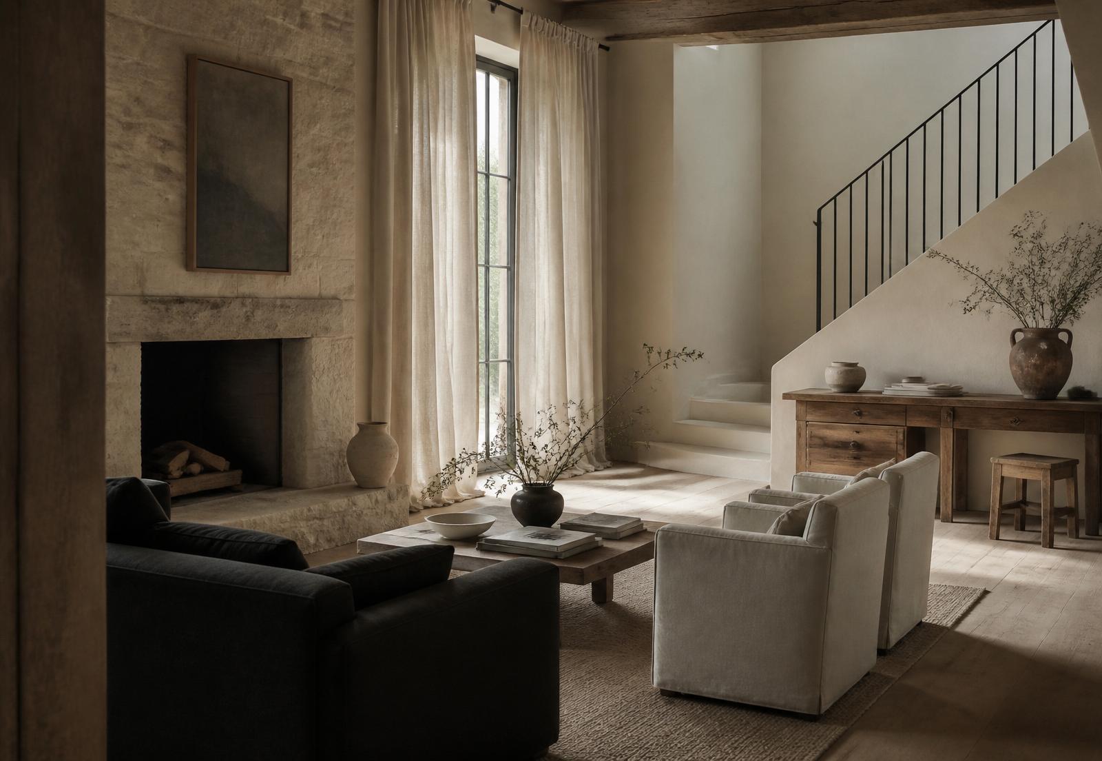 A calm interior with soft morning light, natural materials, and quiet stillness.