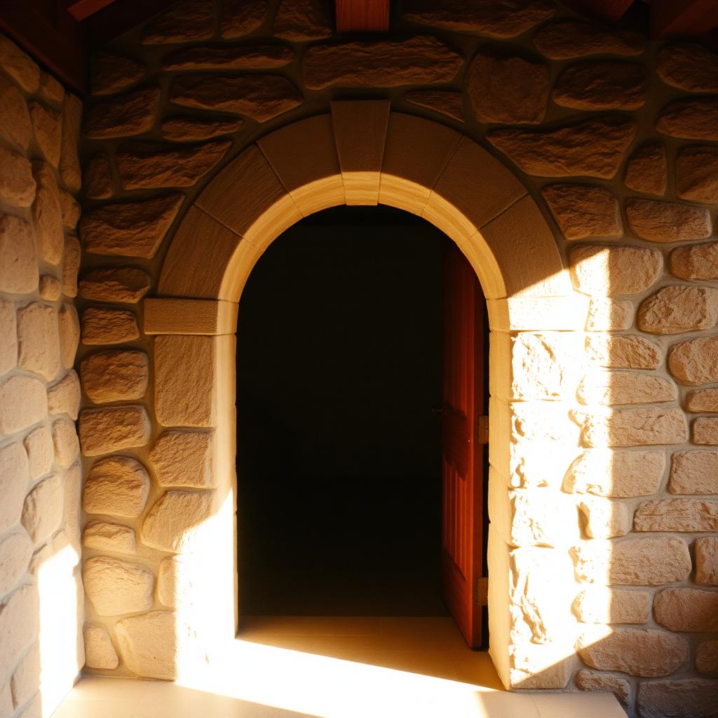A sunlit stone archway opening into a quiet interior.